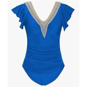 Womens One Piece Full Coverage Tummy Control Swimsuit Deep Lace V With Ruffle